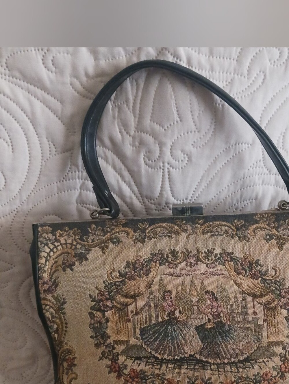 Vintage Tapestry Top-Handle Bag in Beige and Black